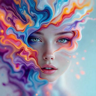 The primary subject of the image is a woman with a colorful, swirling background. The setting is a colorful, abstract background that adds a vibrant and artistic touch to the scene. The visual style is a combination of digital art and illustration, creating a unique and eye-catching image. The colors and mood of the image are predominantly bright and lively, with the woman's face and the background creating a sense of energy and creativity.